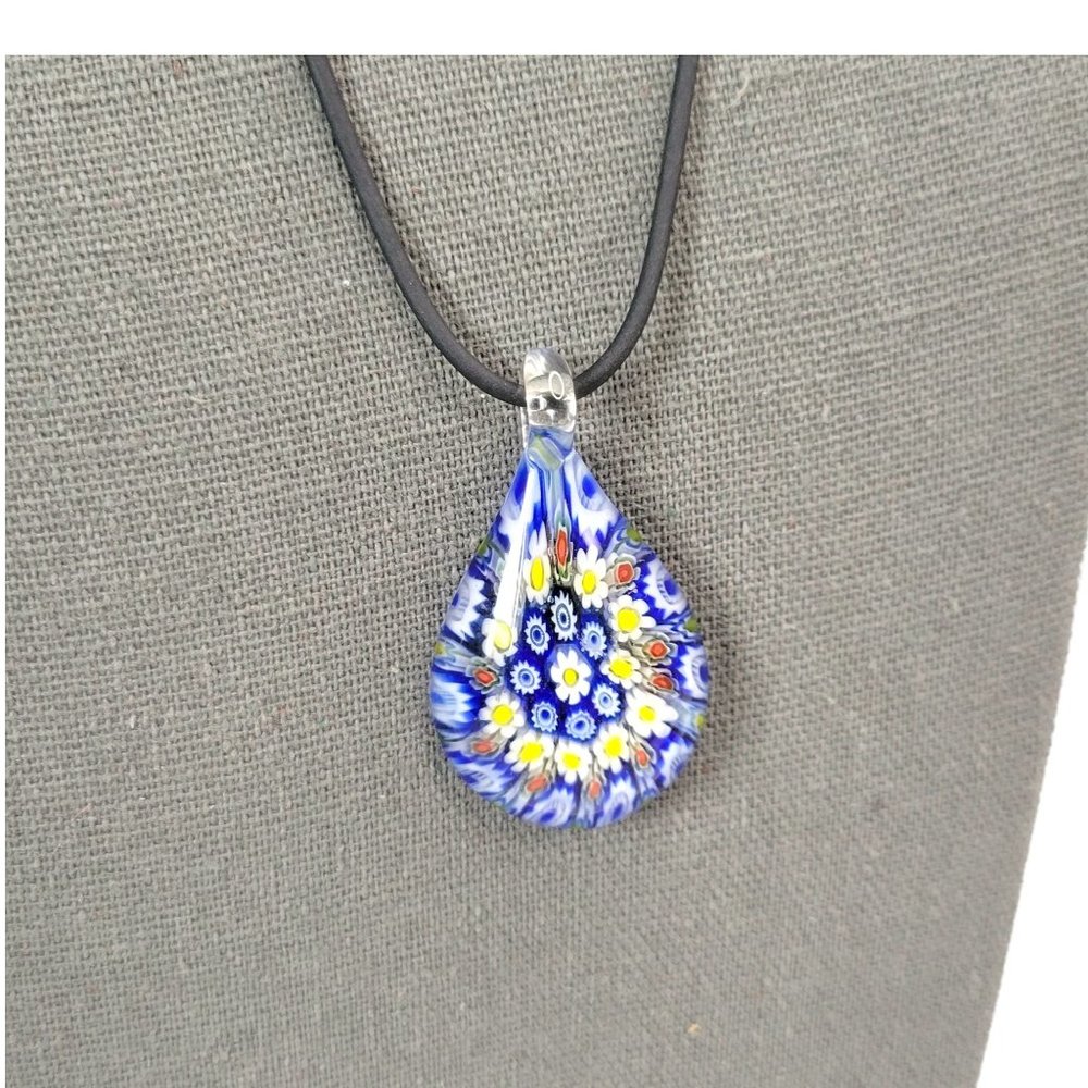 Black Cord Necklace Millefiori Pendant Floral Daisy Cobalt Blue 19" W Extender